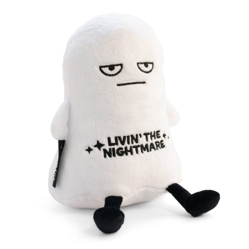 White ghost plushie with tired expression and 'Livin' the Nightmare' text on clean background