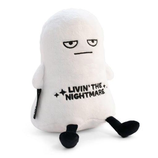 White ghost plushie with tired expression and 'Livin' the Nightmare' text on clean background