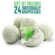 Glow-in-the-dark dinosaur eggs showing excavation with green glowing dinosaur figure inside