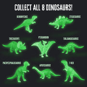 Collection guide showing 8 glow-in-the-dark dinosaur figures including T-Rex, Triceratops, and Stegosaurus