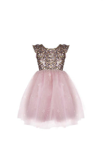 Pink tulle dress with sequined bodice and cap sleeves on white background