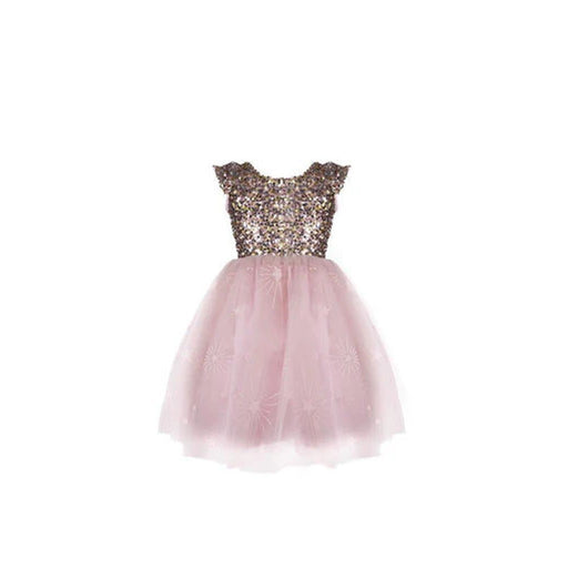 Pink tulle dress with sequined bodice and cap sleeves on white background