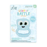 Glo Pals Light-Up Rattle Blair blue teething toy with illuminated eyes on product packaging