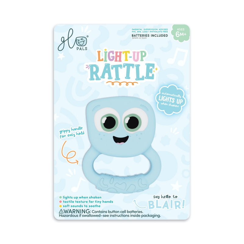 Glo Pals Light-Up Rattle Blair blue teething toy with illuminated eyes on product packaging