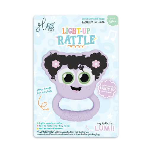 Glo Pals Lumi light-up rattle in purple with black curly hair and pink flowers