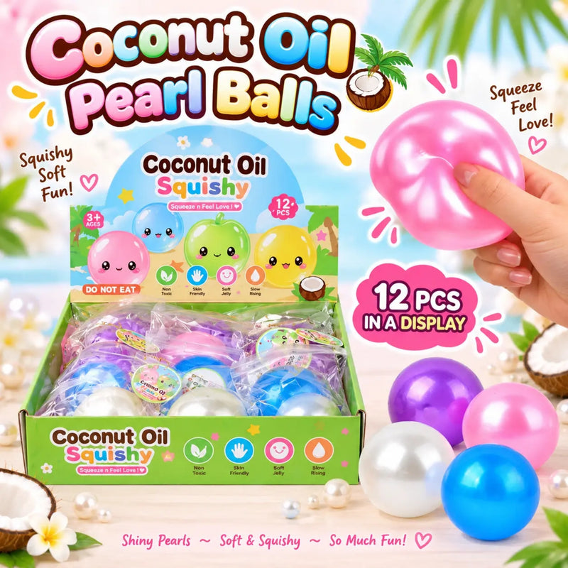 Coconut Oil Pearl Balls squishies in four colors:  pink, puple, blue and white. 