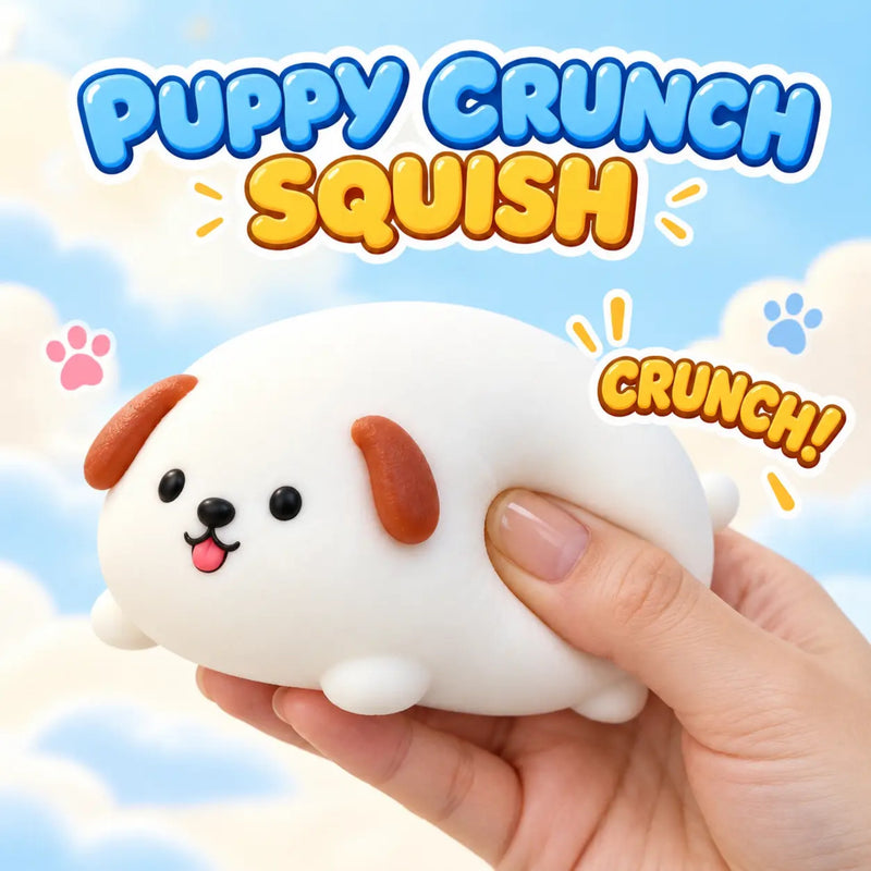 A small white and brown puppy shaped squishy with the new textural feature of crunch and squish at the same time.  Picture is on a blue sky background with clouds.