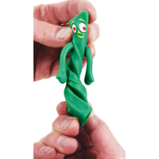 Hands stretching green Gumby miniature toy figure showing its flexible bendable properties