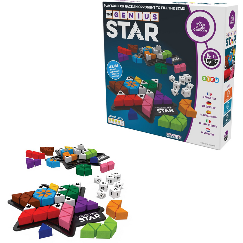 Genius Star puzzle game box and components with colorful blocks and dice on white background.