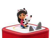 Tonie figure of Gabby holding Mercat cat character on red Toniebox audio player