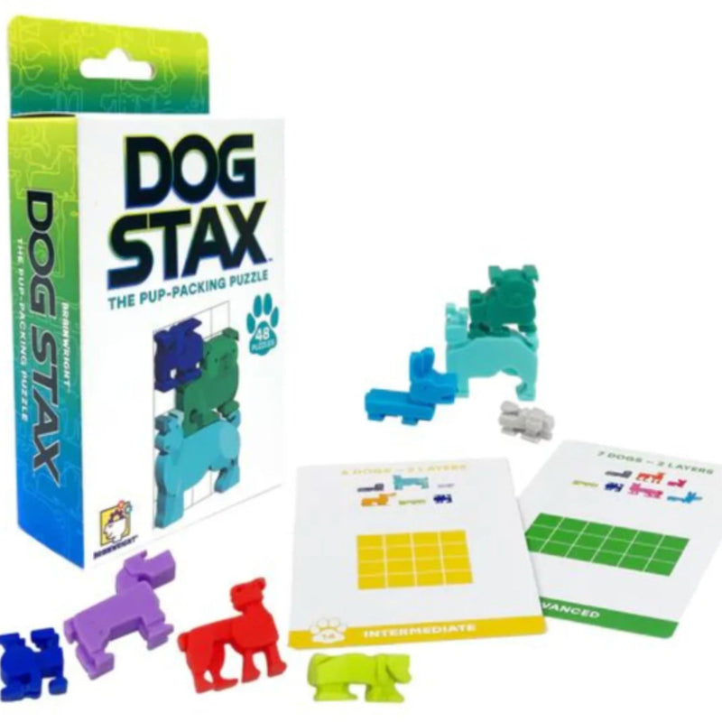 Dog Stax: The Pup-Packing Puzzle board game set with its retail box, colorful dog-shaped pieces in blue, green, purple, red, and yellow, and instruction cards on a white background.