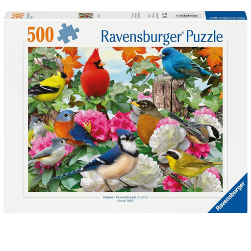 Ravensburger 500 pc Garden Birds puzzle box with colorful birds and flowers.