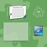 Ravensburger puzzle packaging with dimensions and softclick technology logo on a green background