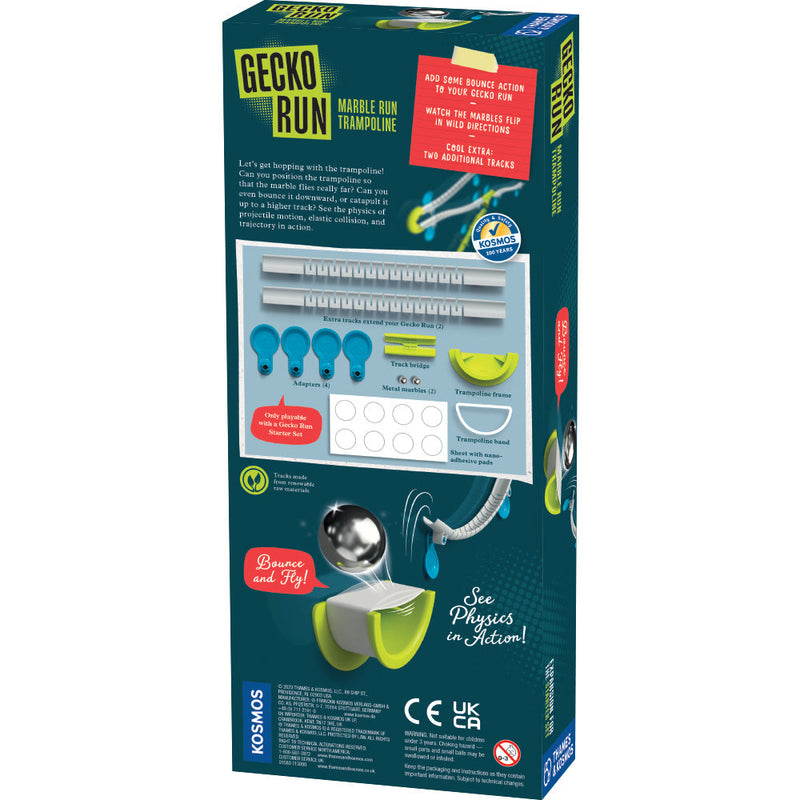 Gecko Run Marble Run Trampoline expansion pack box showing components and features