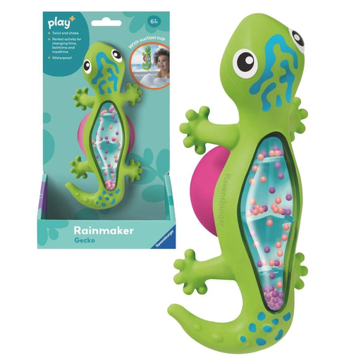 Green gecko-shaped rainmaker toy with clear tube containing colorful beads for shaking sounds.