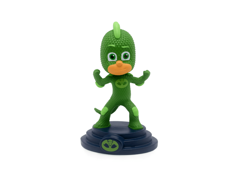 Green PJ Masks Gekko Tonie figure standing on dark blue base with logo