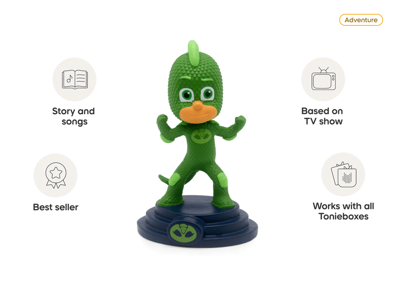 Green PJ Masks Gekko Tonie figure on base with feature callouts