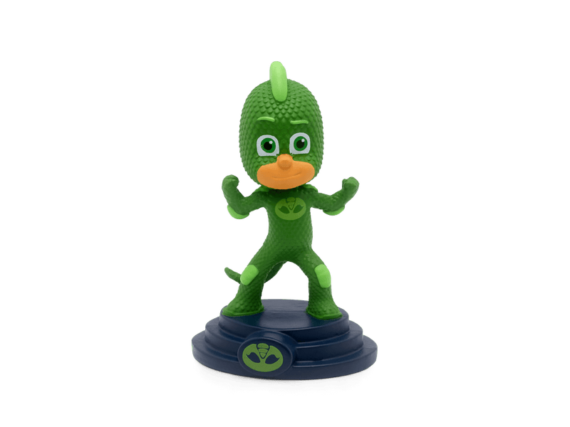 Green Gekko character Tonie figure from PJ Masks on dark blue base with logo