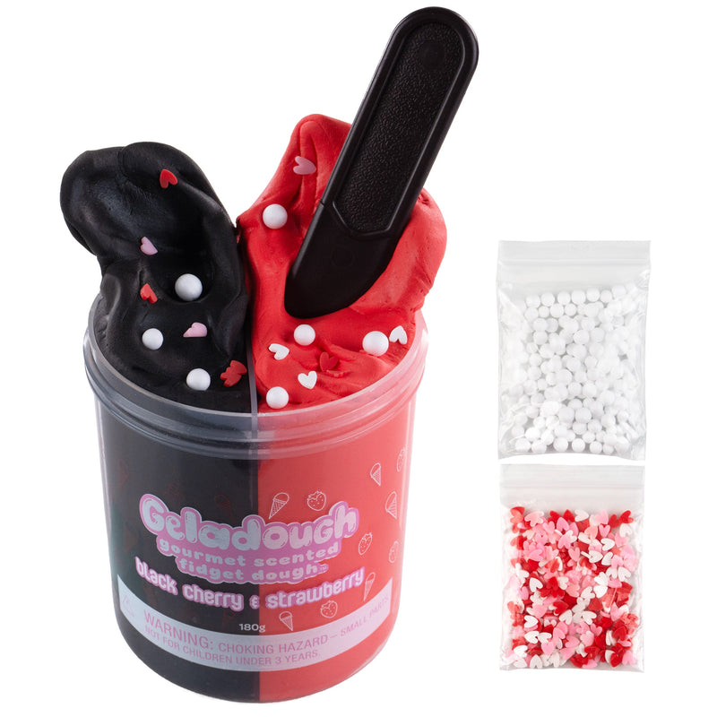 Geladough scented fidget dough container with black cherry and strawberry flavors plus decorative beads