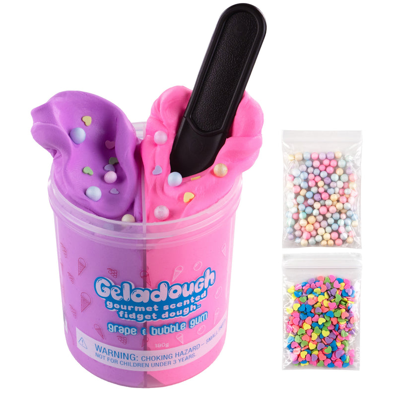 Geladough grape and bubble gum scented fidget dough container with decorative beads and spoon
