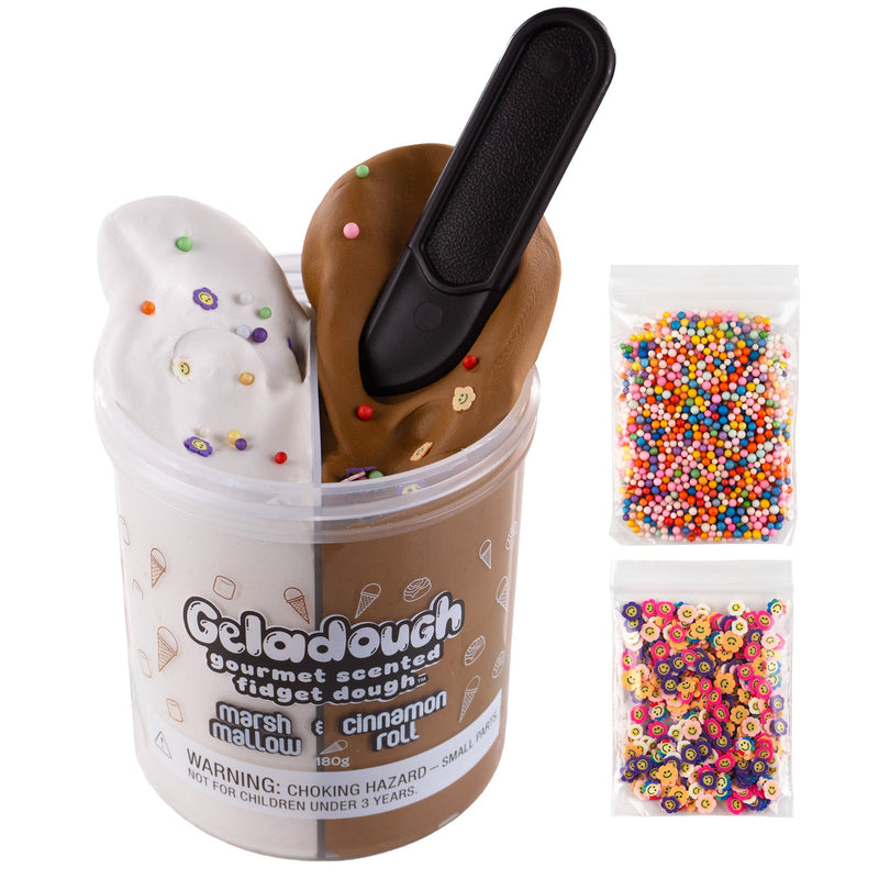 Geladough scented fidget dough container with marshmallow and cinnamon roll varieties plus colorful beads