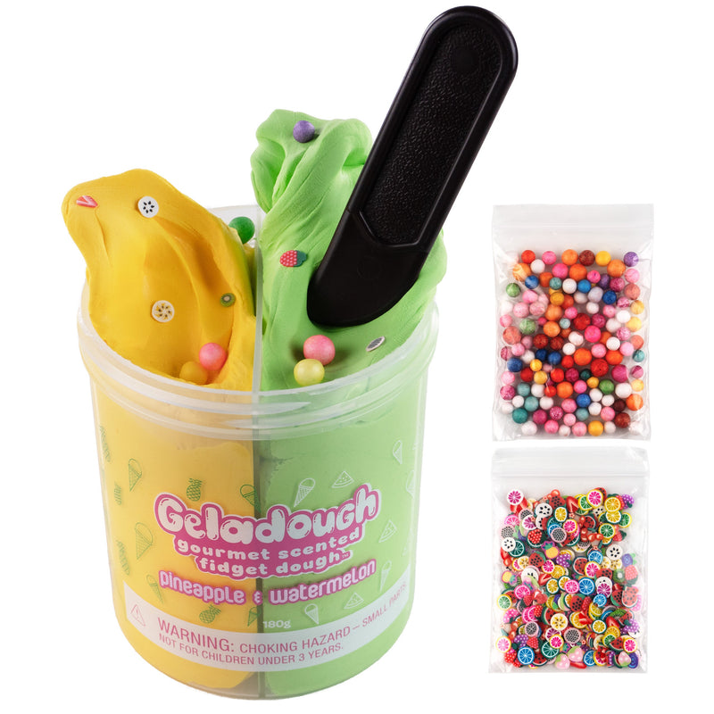 Geladough dual-flavor pineapple watermelon scented fidget dough container with decorative accessories