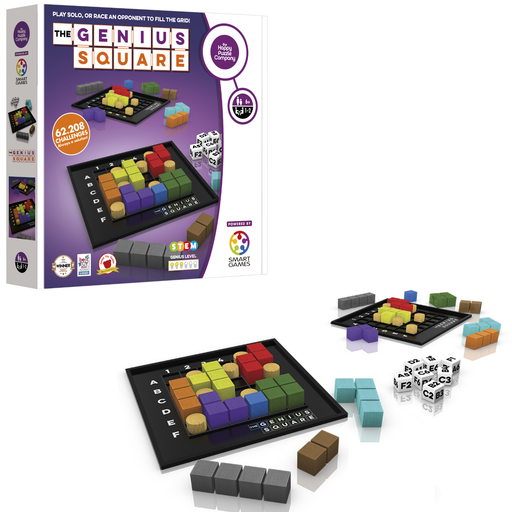 The Genius Square puzzle game by Smart Games showing colorful blocks and dice on game board