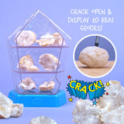 Break-open crystal geodes kit with display case showing real geodes and cracking demonstration
