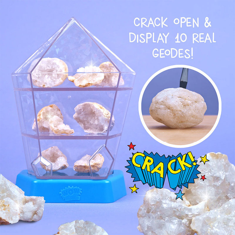 Break-open crystal geodes kit with display case showing real geodes and cracking demonstration
