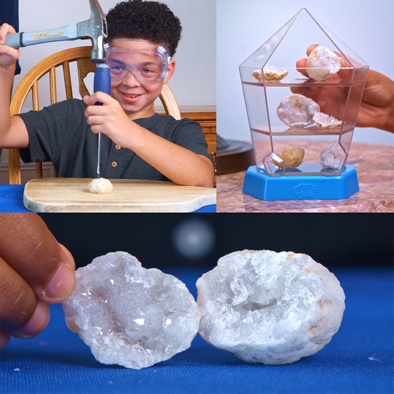 Child using hammer to break open crystal geodes with display case showing opened crystal specimens