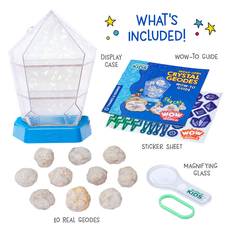 Break-open crystal geodes kit with display case, guide, magnifying glass and 10 real geodes