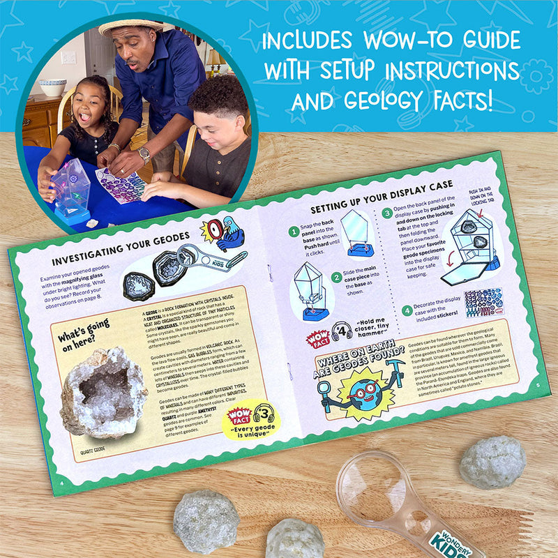 Educational geode kit showing instruction guide with geology facts and family examining specimens