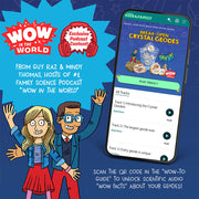 Wow in the World Break-Open Crystal Geodes promotional image showing mobile app interface and podcast hosts