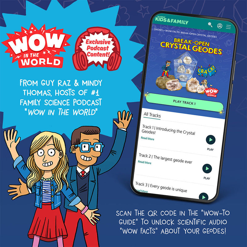 Wow in the World Break-Open Crystal Geodes promotional image showing mobile app interface and podcast hosts