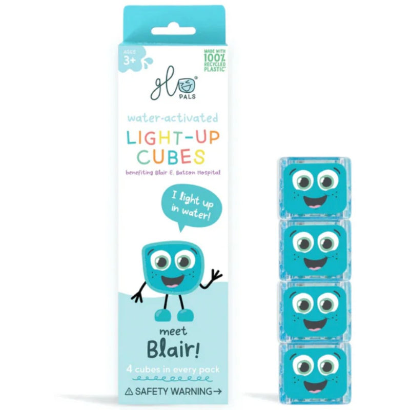 Packaging of water-activated blue light-up cubes with a cartoon character on a white background.