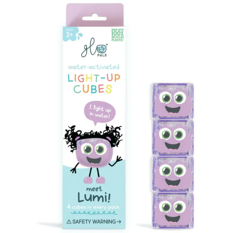 Packaging of water-activated purple light-up cubes with a character illustration on a white background.