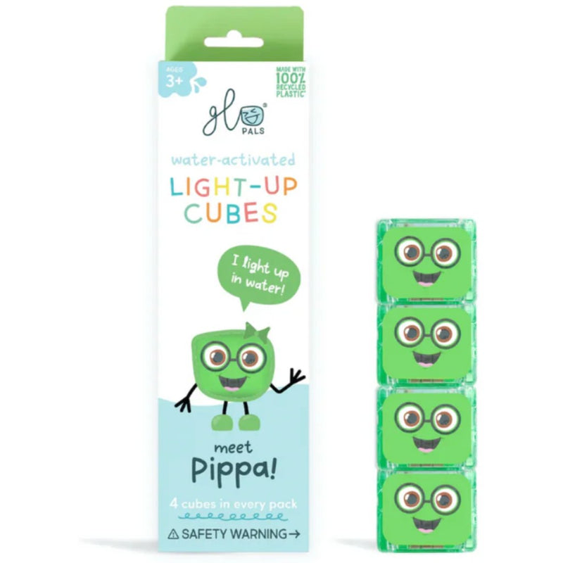 Packaging of green Glo Pals light-up cubes with a cartoon character on a white background.