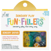 Front-facing retail packaging for Glo Pals Sensory Play Fun Fillers Sensory Safari. The white package includes a yellow hanging tab, colorful title lettering, a small age 3+ badge, and a clear window showing colorful sensory fillers inside.