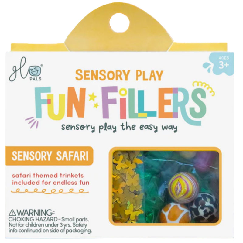 Front-facing retail packaging for Glo Pals Sensory Play Fun Fillers Sensory Safari. The white package includes a yellow hanging tab, colorful title lettering, a small age 3+ badge, and a clear window showing colorful sensory fillers inside.