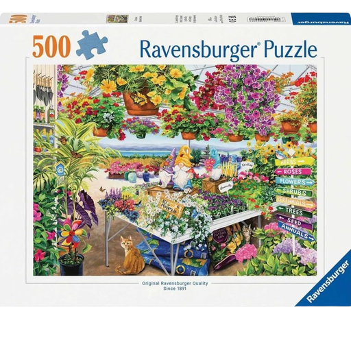 Ravensburger 500-piece puzzle packaging with a Glorious Garden scene design.