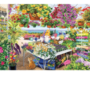 Colorful garden scene with plants, flowers, and a cat in a greenhouse setting.