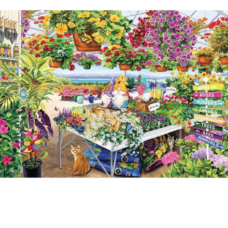 Colorful garden scene with plants, flowers, and a cat in a greenhouse setting.