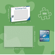 Ravensburger puzzle packaging with dimensions and Softclick technology logo on a green background