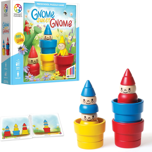 Smart Games 'Gnome Sweet Gnome' preschool puzzle game with colorful gnome figures and packaging.