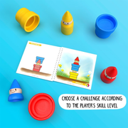 Colorful toy cups and a challenge book on a blue background with text about skill level challenges.