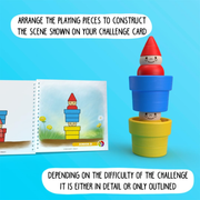 Toy figure in a blue pot with a book showing a challenge card on a blue background.