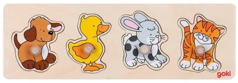 A wooden four-piece animal jigsaw puzzle by goki, featuring a brown dog, yellow duck, black-and-white rabbit, and orange tiger, displayed on a clean white background.