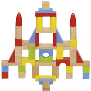 A colorful wooden block tower toy structure made of natural wood blocks and painted pieces in red, yellow, blue, green, and light wood, arranged symmetrically on a plain white background.