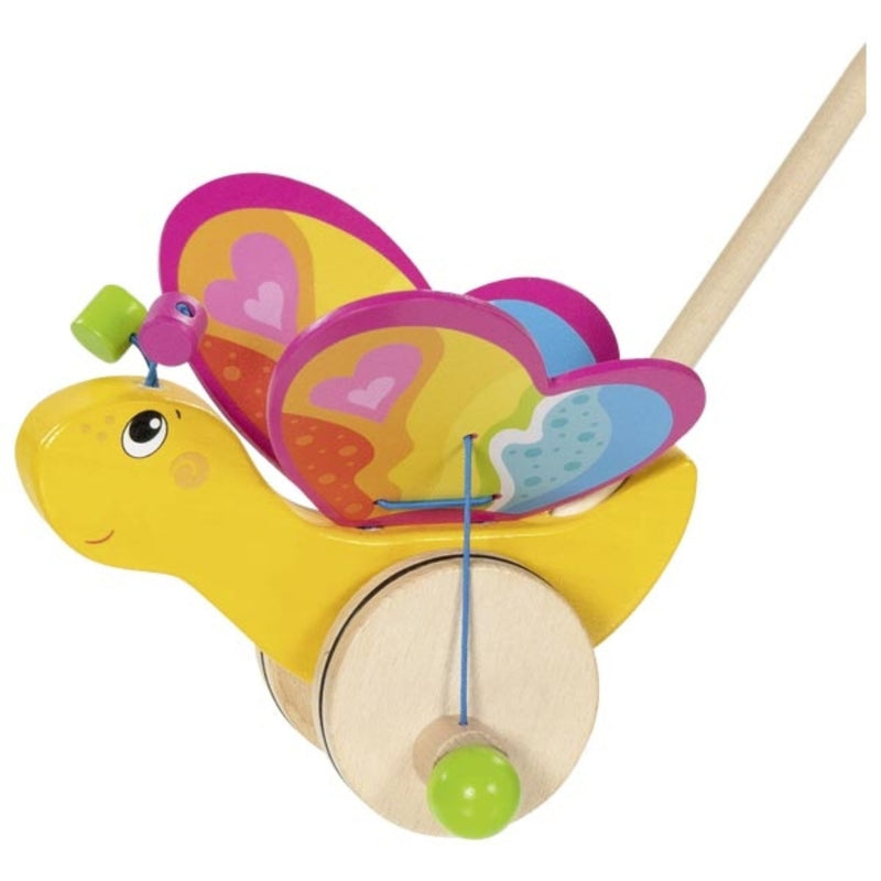 Colorful wooden toy butterfly with a push handle on a white background