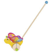 Colorful push toy with a handle shaped like a butterfly on a white background.